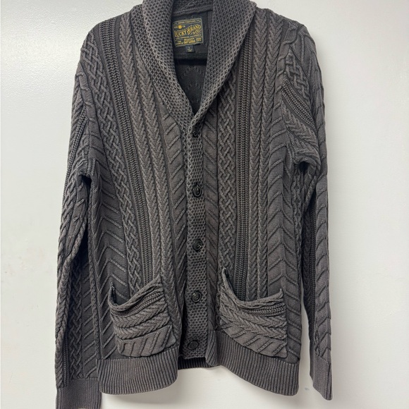 Lucky Brand Shawl Collar Overdye Cable Cardigan Gray Sweater Large Men’s Cabin - Picture 6 of 14